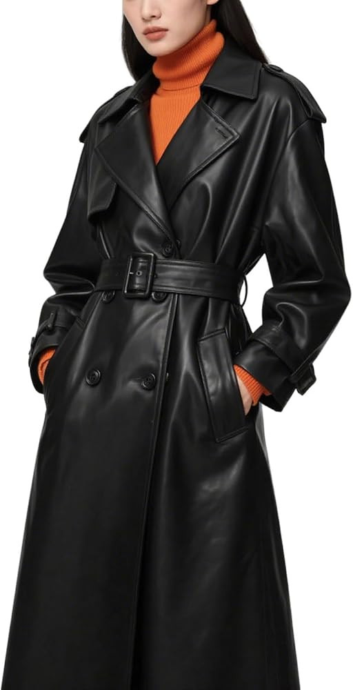 utcoco Women's Faux Leather Trench Coat Double Breasted Belted High Waist Long PU Leather Jacket ... | Amazon (US)