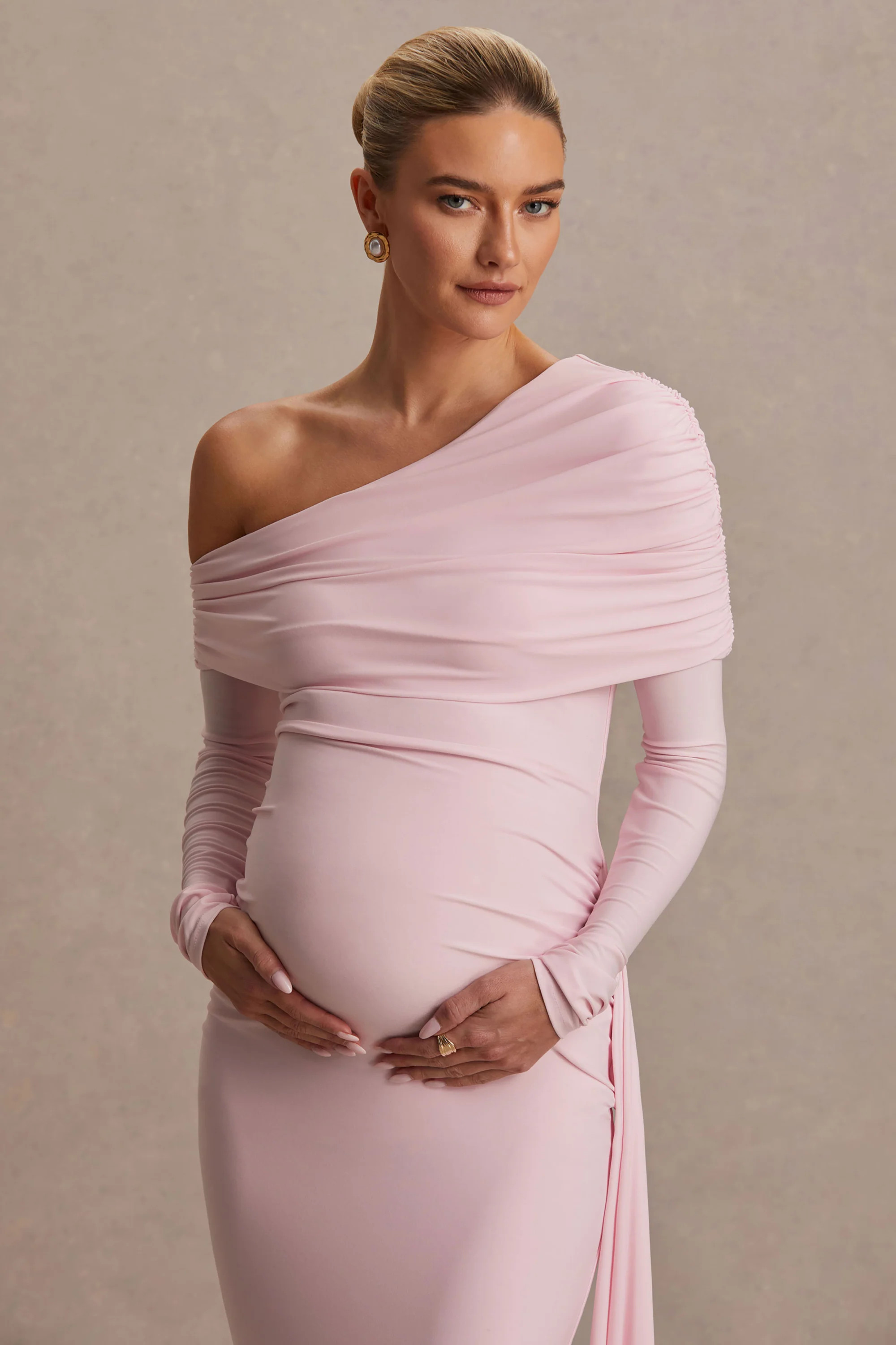 Amara | Blush Pink Asymmetric-Neck Maternity Maxi Dress With Sash Detail | Club L London
