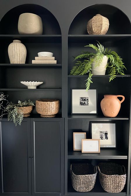 Shelf styling: a few new pieces mixed with a few favourites! The woven bowls add such gorgeous texture. 
Moody office, black bookcase

#LTKhome