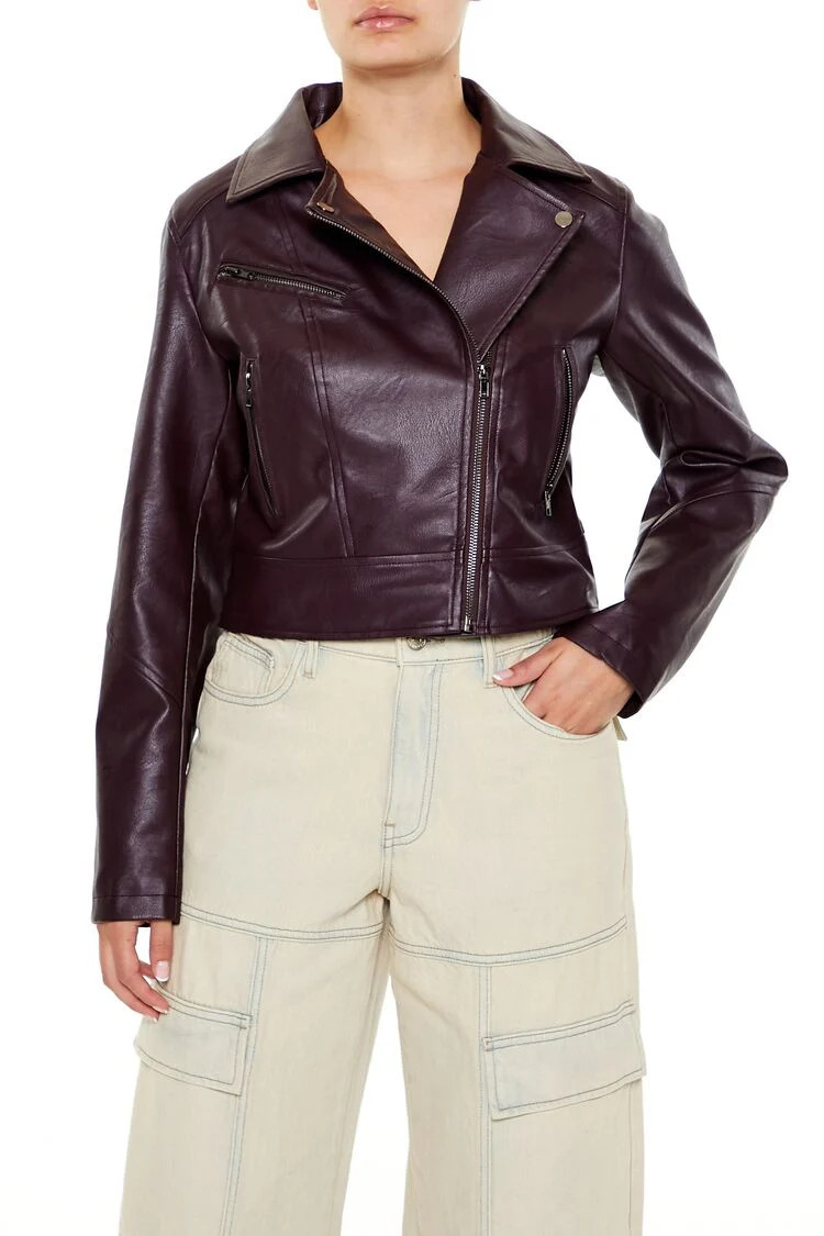 Women's Faux Leather Moto Jacket in Burgundy Large | Forever 21