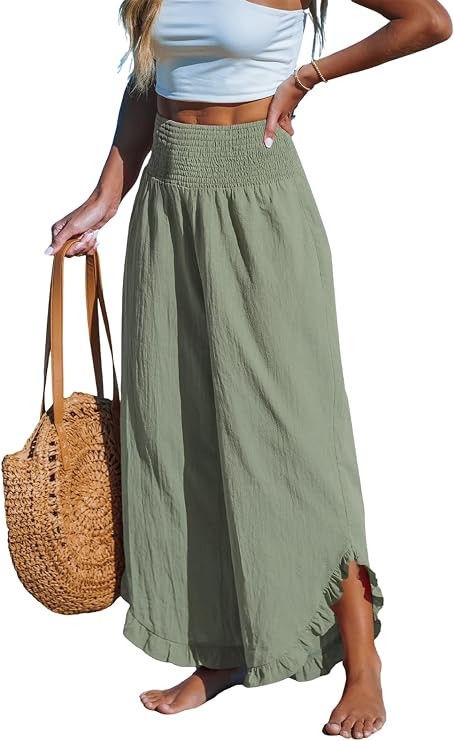 CUPSHE Women Pants Smocked Waist Straight Leg Ruffle Cuffs Loose Fit Pant Casual Beach | Amazon (US)