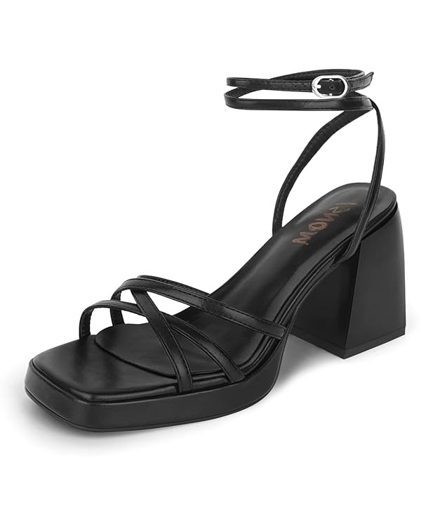 ISNOM Black Platform Heels for Women Heeled Sandals with Lace Up Strappy Ankle Strap Square Open ... | Amazon (US)