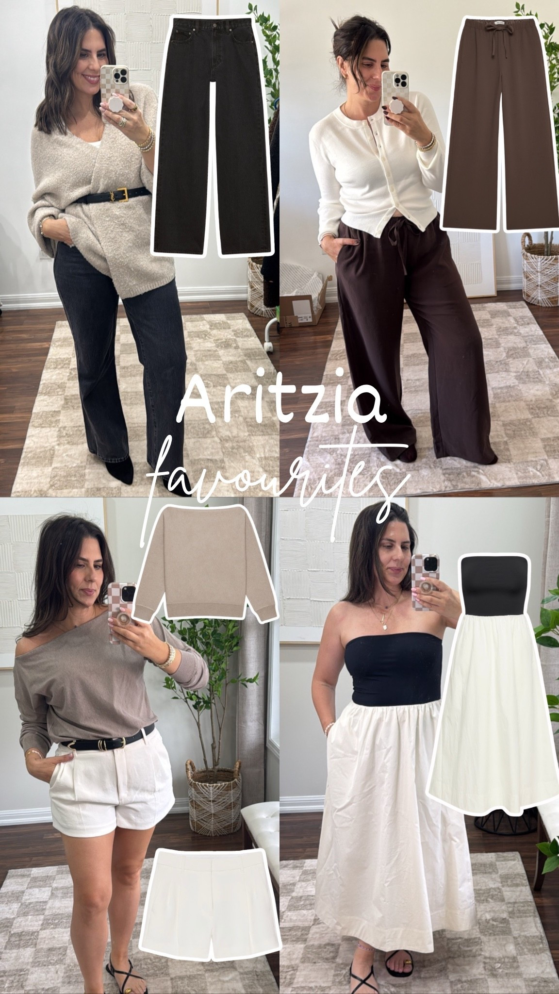 Aritzia ride or dies for spring + summer

Jeans - size 30”
Lodge - L/regular
Sweater - M
Shorts - mini/12
Dress - L
