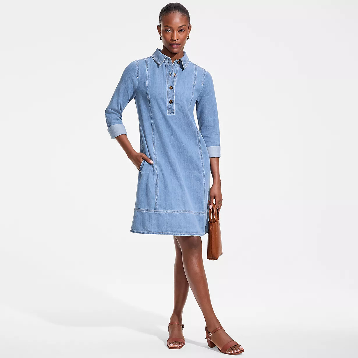 Women's Light Weight Denim Popover At the Knee Dress | Lands' End (US)