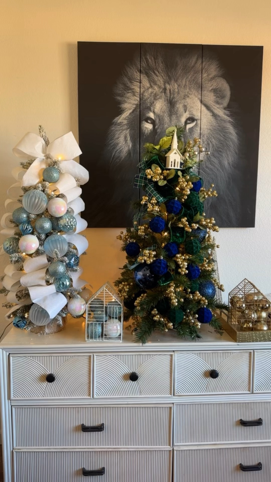 How to add blue to your Christmas trees and decor! Velvet is trending this year again, and I love how beautiful ribbon looks in trees and on centerpiece arrangements! Idk up some flocked dark blue ornaments and pair them with Hunter green, or pair light blue glitter ornaments with a white ribbon. These mini trees are my best friends too, great for testing out new ideas for your full sized trees and for use as tabletop or room decor! !

#LTKSeasonal #LTKHome #LTKHoliday