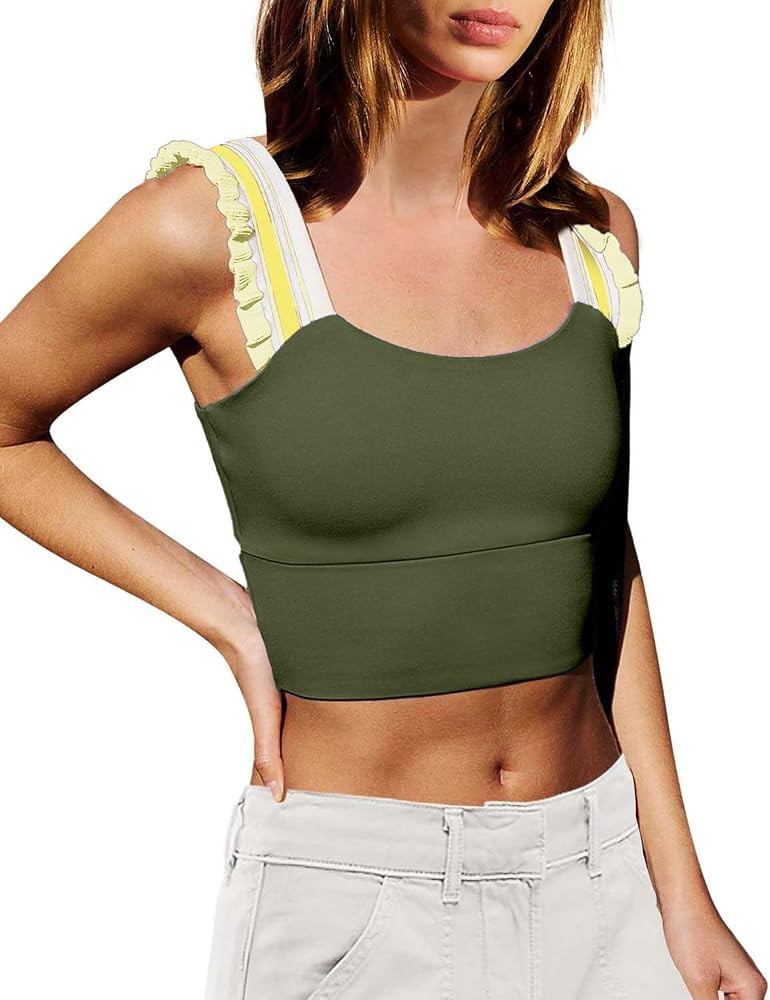 Wenlia Women's Cropped Tank Tops Sleeveless Stretchy Camisole Ruffle Wide Strap Cut Out Workout G... | Amazon (US)