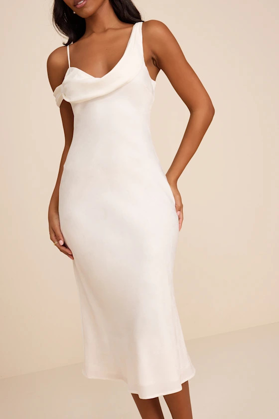 Cavani White Satin Asymmetrical Midi Dress | bride to be outfits  | Lulus
