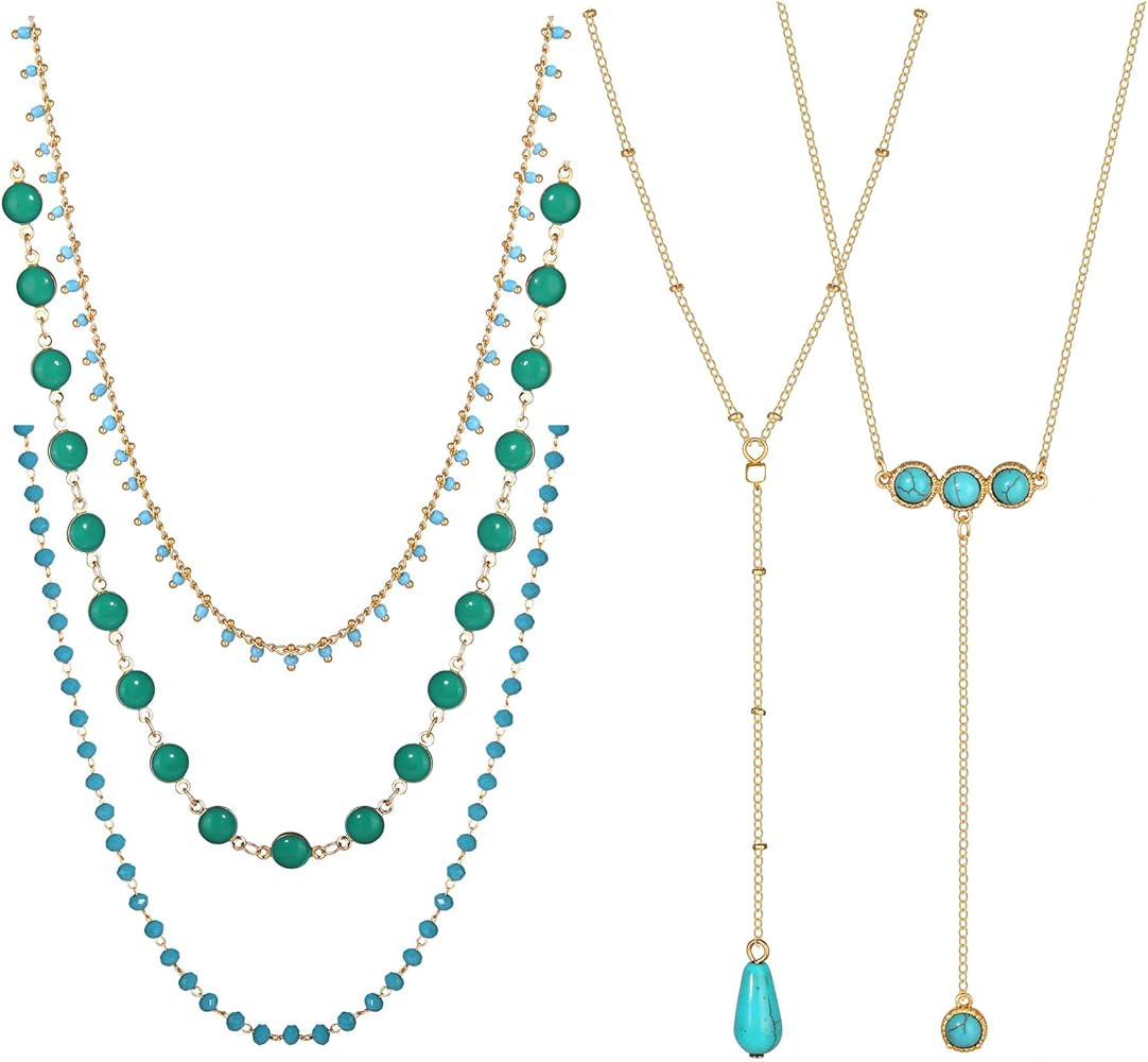 BVGA 5Pcs Dainty Gold Turquoise Necklaces for Women Boho Beaded Handmade Layered Chain Choker Nec... | Amazon (US)