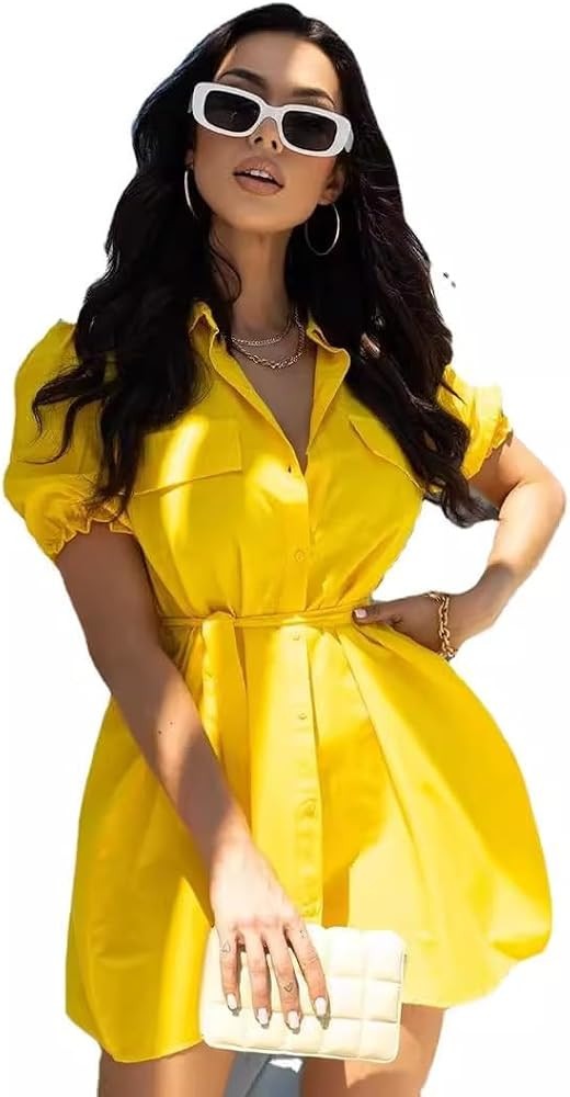 Dress Women 2024 Commuting Simple Short-Sleeved Lapel Belted Shirt Dress | Amazon (US)