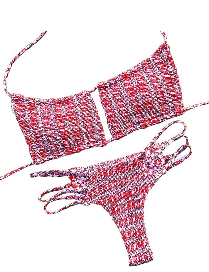 NAFLEAP Women Butt Scrunch Bikini Ruched Keyhole Halter Tie Crochet Thong Brazilian Triangle | Amazon (US)