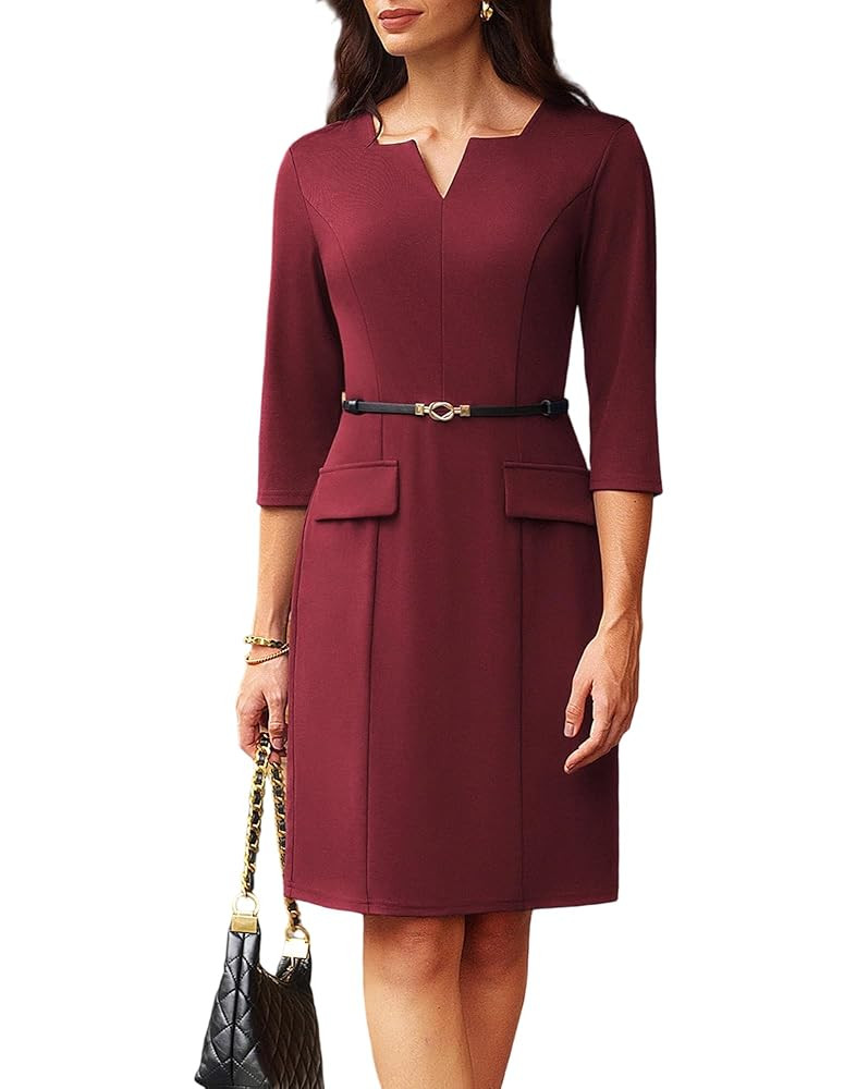 GRACE KARIN 2025 Women 3/4 Sleeve Business Work Dress V Neck Bodycon Sheath Dress with Belt | Amazon (US)