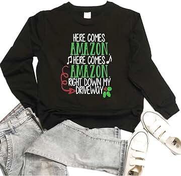 HONROY Women's Casual Pullover Letter Here Comes Amazon Right Down My Driveway Long Sleeve Sweats... | Amazon (US)