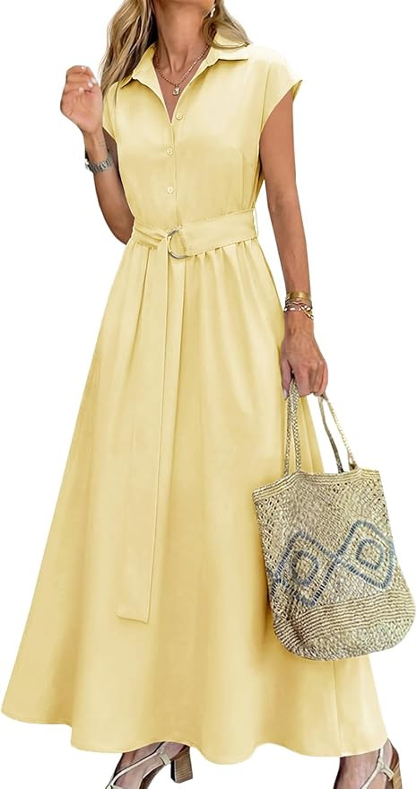 Wenrine Womens Summer Shirt Dress Button Collared Casual Short Sleeve Tie Waist A Line Flowy Long... | Amazon (US)