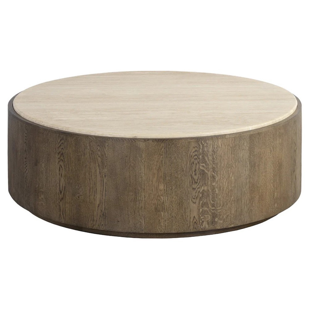 Katalina Rustic Lodge Natural Travertine Brown Oak Round Coffee Table - 48 | Kathy Kuo Home