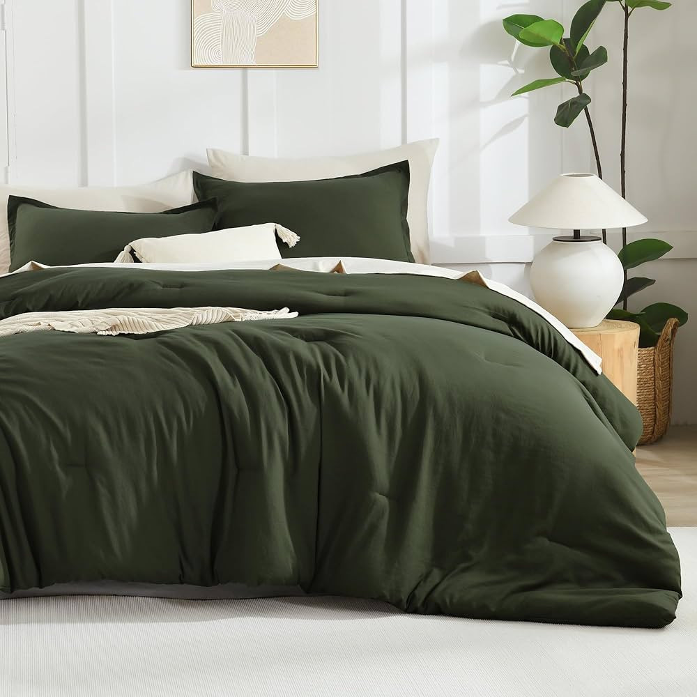 Litanika Dark Olive Green Comforter Set King, 3 Pieces Solid Bedding Comforter Set, All Season Fl... | Amazon (US)