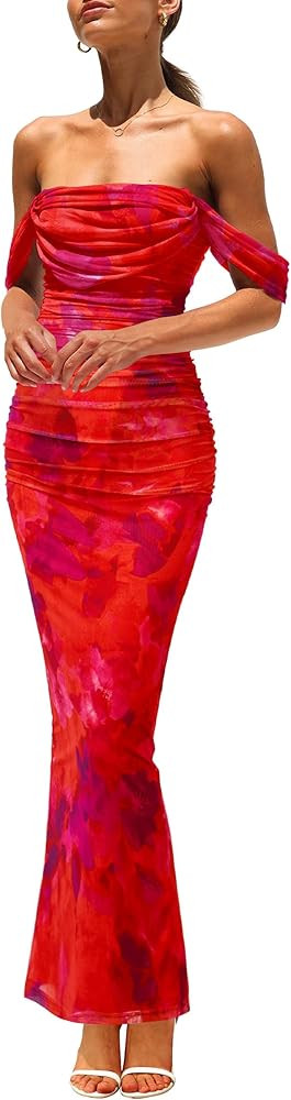 PRETTYGARDEN Cocktail Dresses for Women 2026 Summer Floral Off Shoulder Ruched Mesh Elegant Weddi... | Amazon (US)