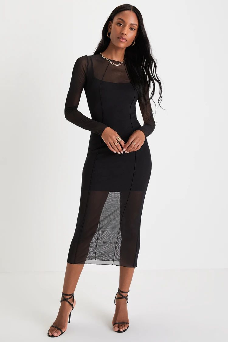 Easygoing Flirt Black Sheer Mesh Long Sleeve Midi Dress | Lulus (US)