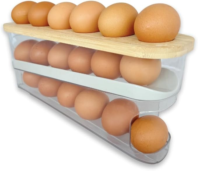 18 Egg Dispenser for Refrigerator – Durable Organizer with Wooden Lid, Space-Saving Egg Storage... | Amazon (US)