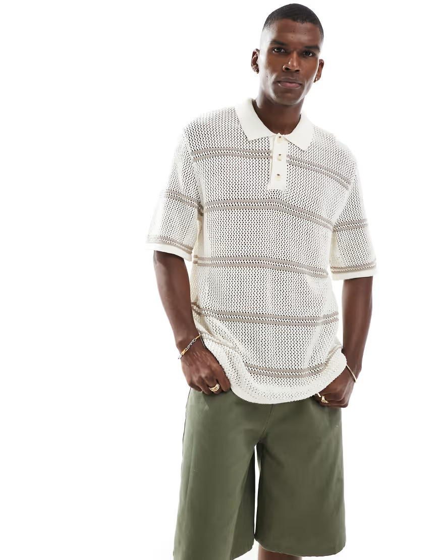 Jack & Jones crochet knit polo in cream-White | ASOS (Global)