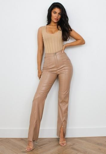 Missguided - Mocha Faux Leather Split Front Pants | Missguided (US & CA)