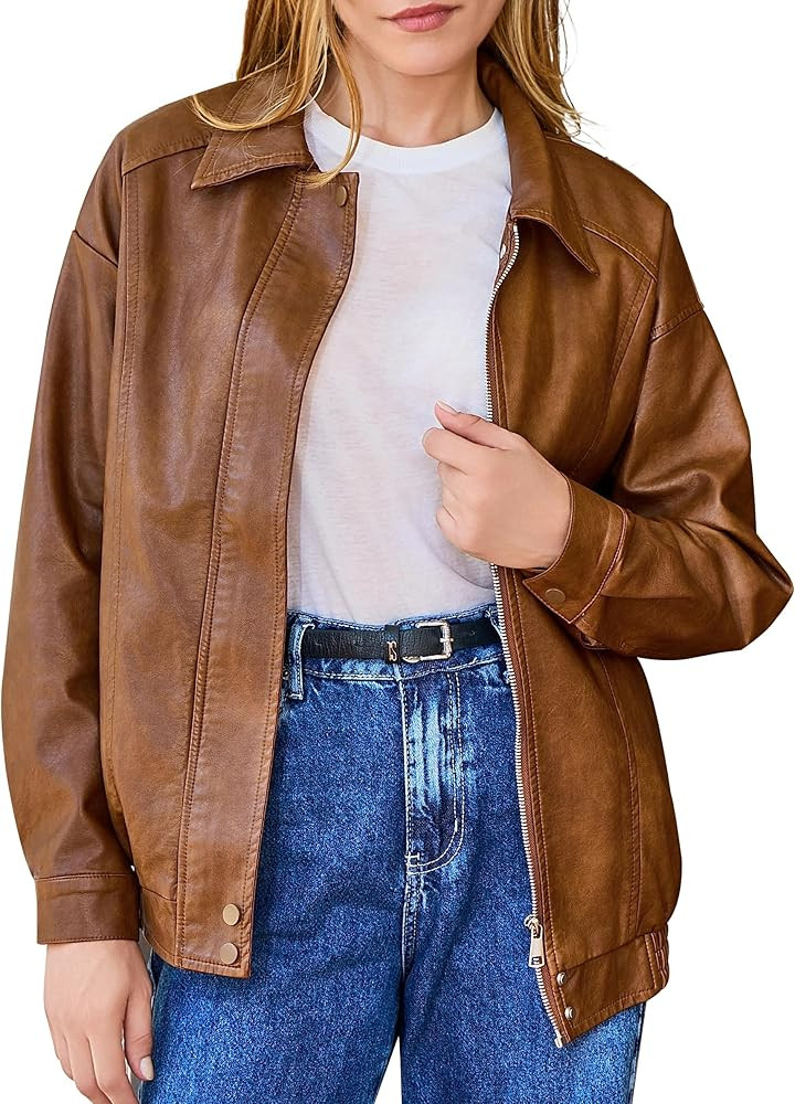 Women's Plus Oversized Faux Leather Bomber Jacket, Street Style Casual Zip Up Coat - Size Runs La... | Amazon (US)