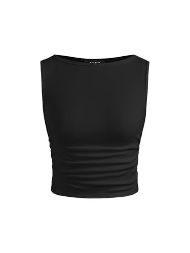 CIDER Boat Neck Ruched Solid Crop Tank Top: Black, S | Amazon (US)