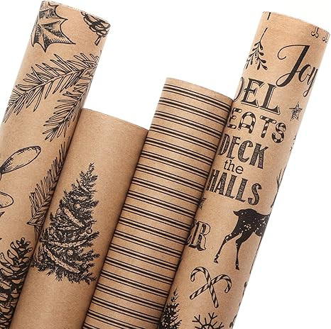 Ribbli Christmas Wrapping Paper, 4 Rolls Vintage Christmas Gift Wrapping Paper, Brown Kraft Paper... | Amazon (US)