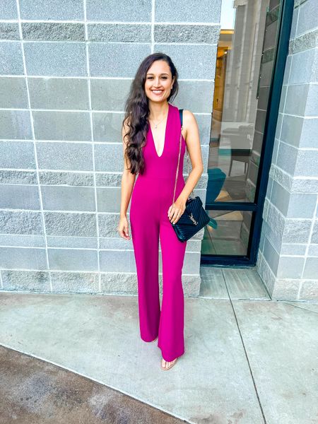 Pink jumpsuit with a low v neck  

#LTKStyleTip #LTKFindsUnder100 #LTKFindsUnder50