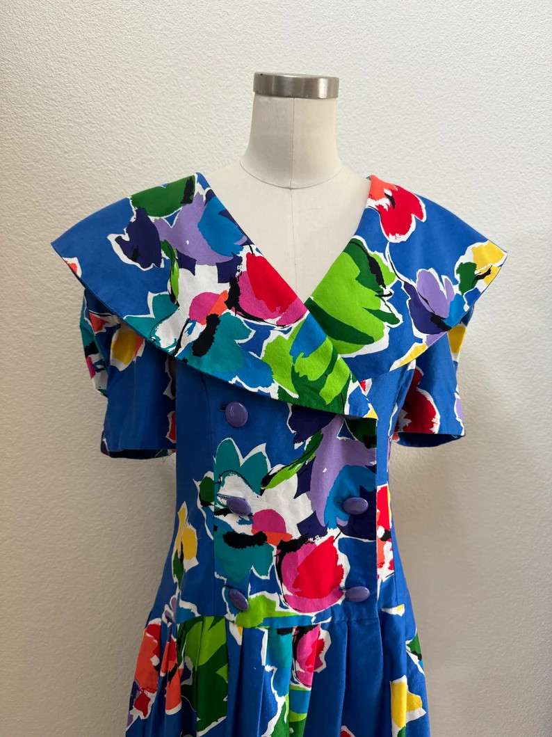 Vintage 80s Bold Leslie Lucks Floral Fit & Flare Off the Shoulder Circle Dress Dramatic Peter Pan... | Etsy (Global)
