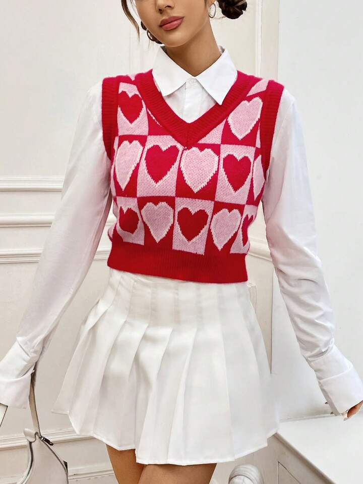 SHEIN Qutie Women'S Heart Pattern V-Neck Sweater Vest | SHEIN