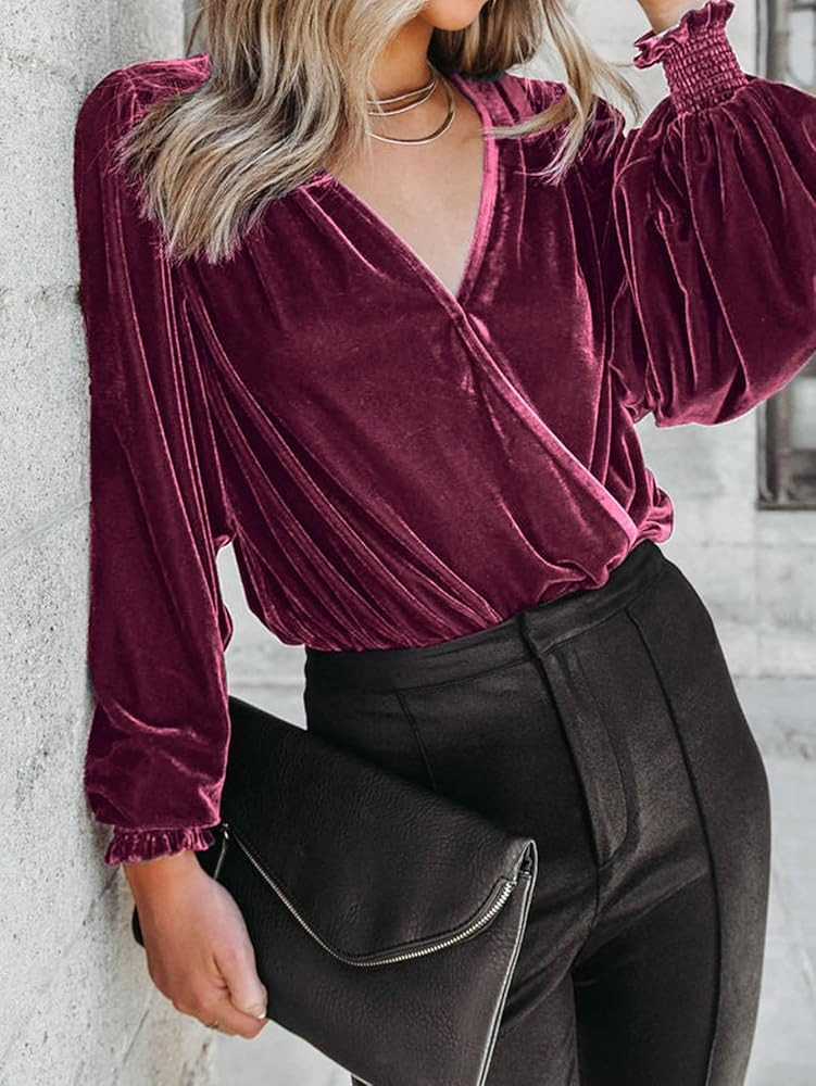 BerryGo Women's Velvet Wrap Crop Top Long Sleeve V Neck Puff Dressy Blouse Vintage 2023 Fall Winter  | Amazon (US)
