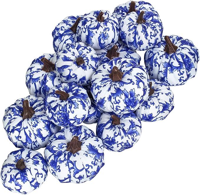 16 Pcs Assorted Small Faux Decorative Blue and White Fabric Pumpkins Foam Pumpkins Chinoiserie Ch... | Amazon (US)