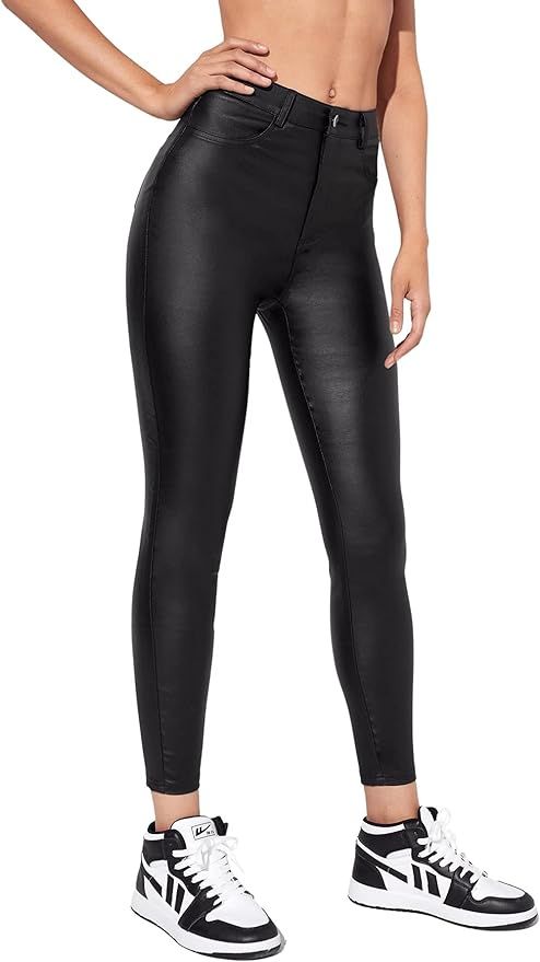 SweatyRocks Women's High Waist Skinny Jeans PU Leather Stretch Leggings Pants | Amazon (US)