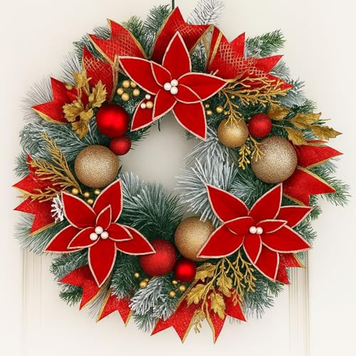 Knitgrip Pre-lit Christmas Wreaths for Front Door 13.7 Inches Christmas Poinsettia Wreath Decorations with Red Gold Ball Ornaments 20 LED Lighted Hoop for Xmas Outdoor Wall Window | Amazon (US)