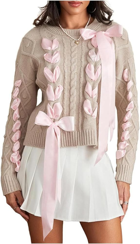 Women Cute Bow Knit Sweater Long Sleeve Bow Front Knitted Pullover Lace Up Cable Jumper Knitwear ... | Amazon (US)