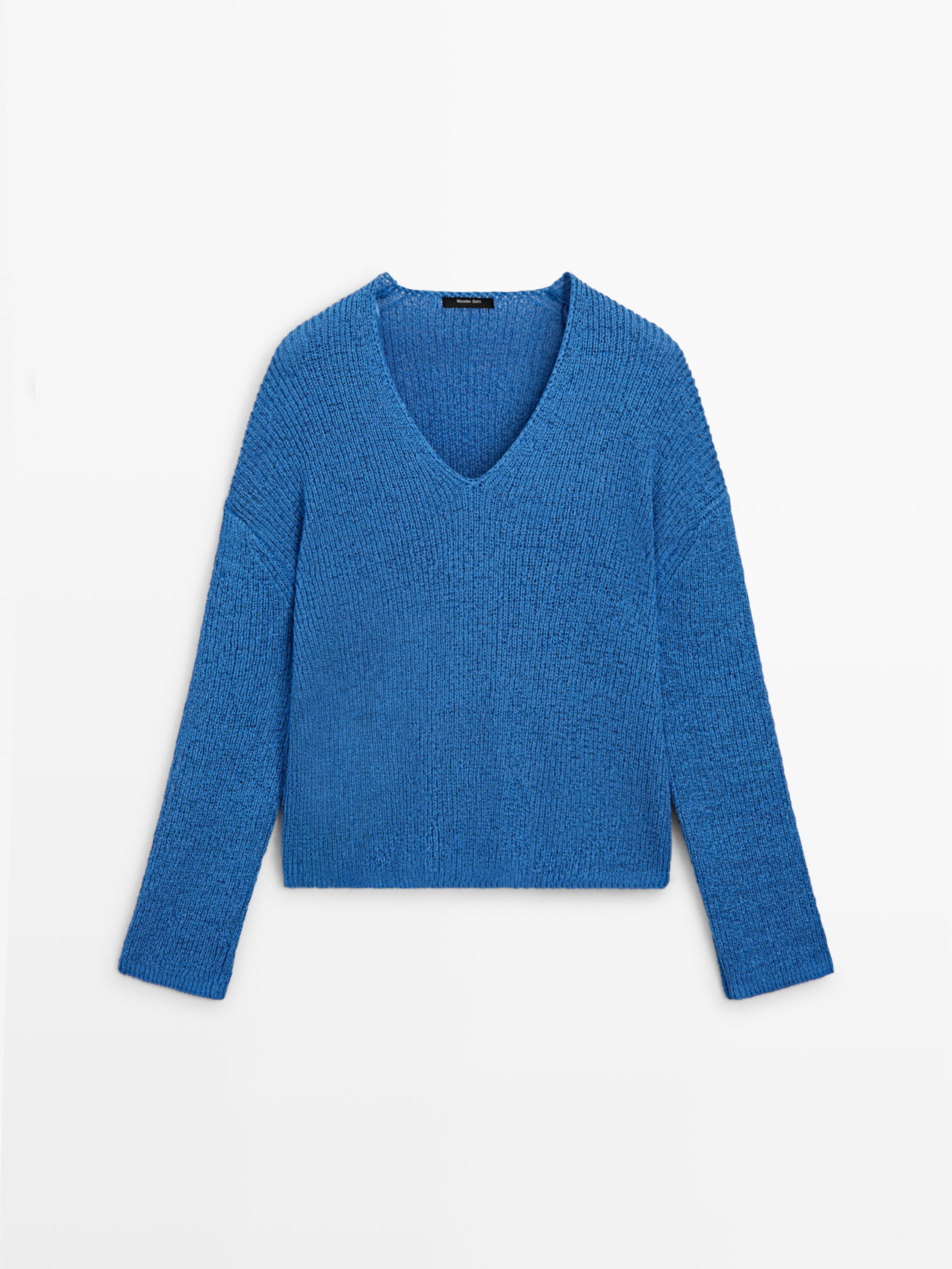 Cotton blend V-neck knit sweater | Massimo Dutti UK