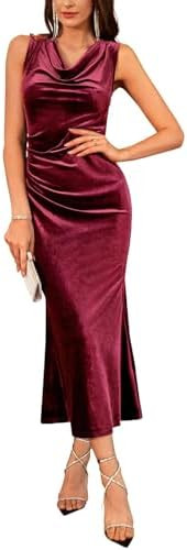 GRACE KARIN 2025 Velvet Wedding Guest Dresses for Women, Fall Formal Cocktail Maxi Dress, Cowl Ne... | Amazon (US)