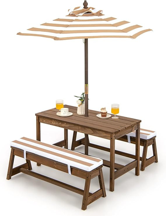 Costzon Kids Picnic Table, Toddler Wood Table & Chair Set w/Cushions, Height Adjustable Umbrella,... | Amazon (US)