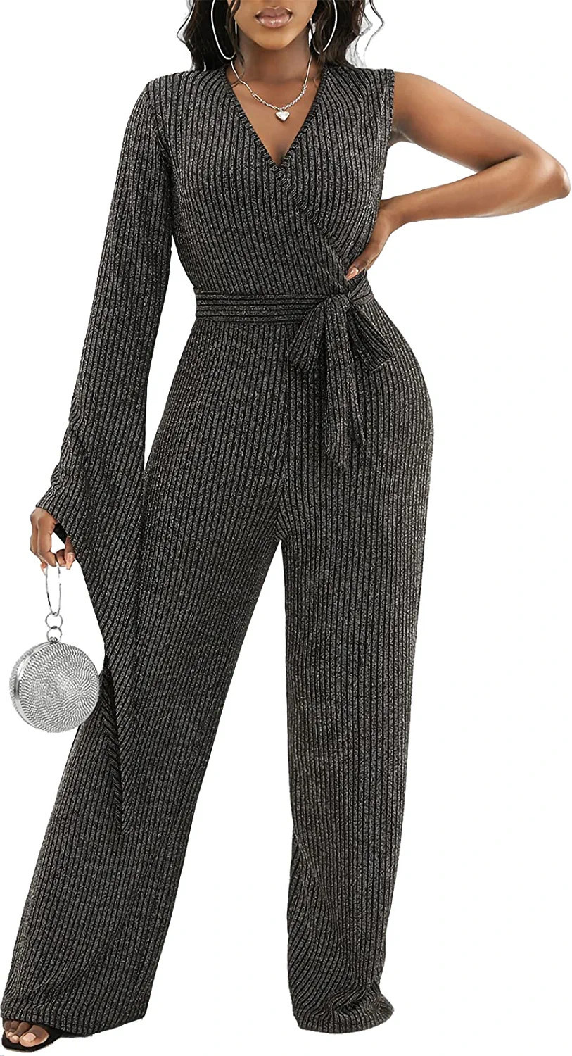 Women'Elegant Jumpsuits Sexy V Neck Long Sleeve Straight Long Pants Sparkly Roompers with Belt | Amazon (US)