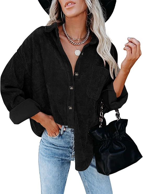 Womens Button Down Corduroy Shirts Oversized Long Sleeved Blouses Tops Fall Shacket Jackets | Amazon (US)
