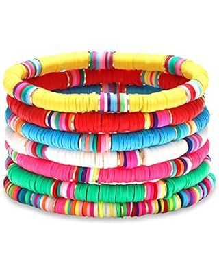 Heishi Surfer Bracelets set - 6mm Polymer Clay Rainbow Bracelet Elastic Rope Bracelet, Boho Beade... | Amazon (US)