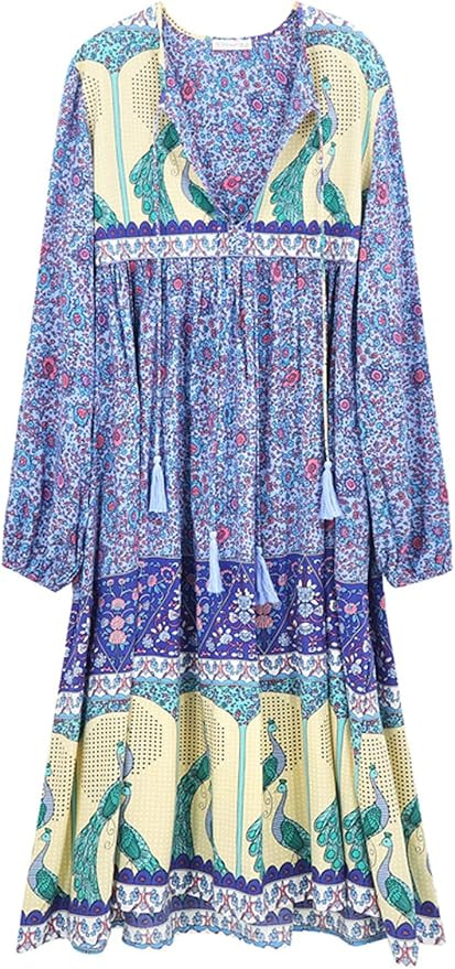 R.Vivimos Women's Long Sleeve Floral Print Retro V Neck Tassel Bohemian Midi Dresses | Amazon (US)