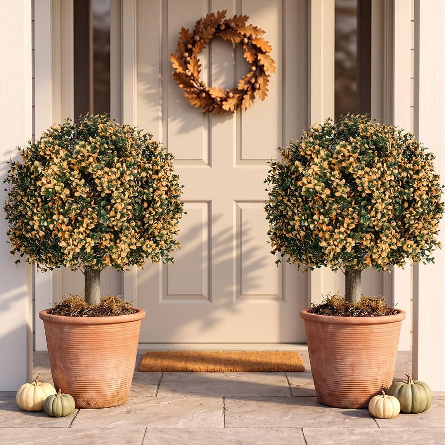 Hotop 2 Pcs Faux Topiary Ball Tree 23.6" Fall Boxwood Porch Garden Decor | Amazon (US)