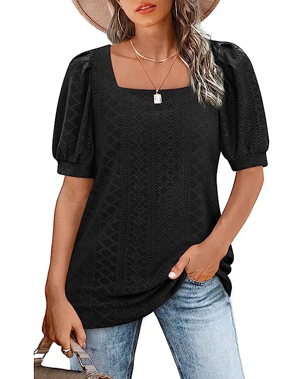 Womens Summer Tops 2023 Square Neck Short Sleeve Tunic Tops Eyelet T-Shirts S-2XL | Amazon (US)