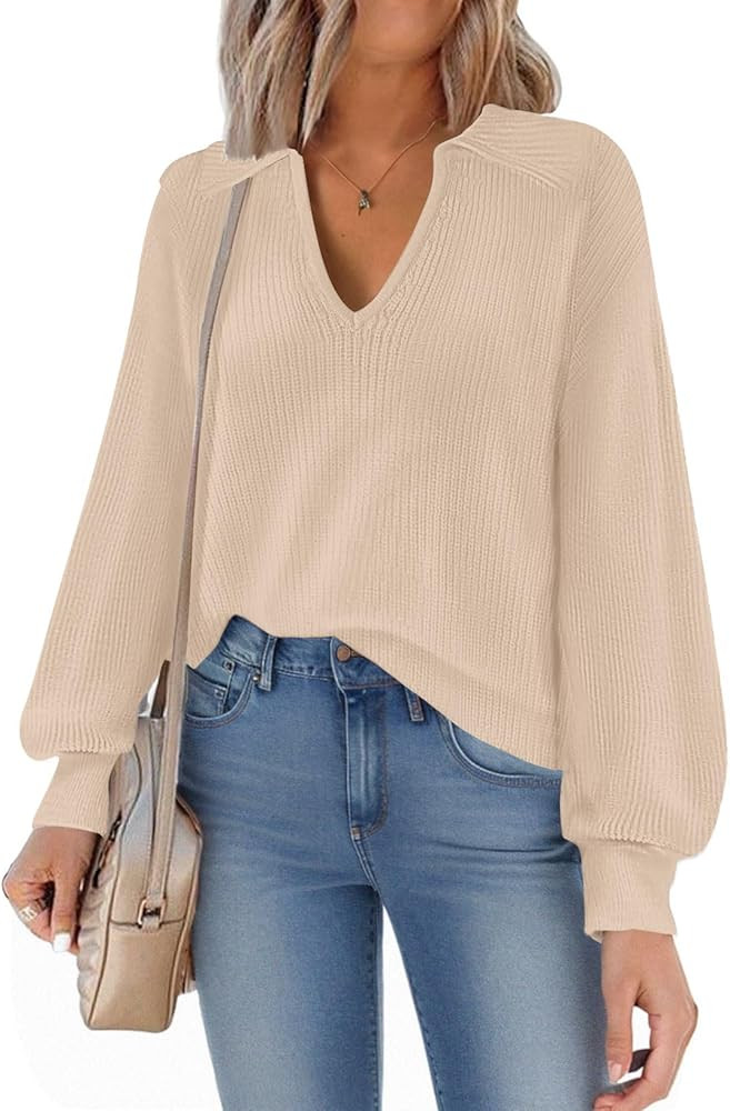 Womens Sweater Lapel V Neck Long Sleeve Classic Jumper Polo Collar Top Knit Casual 2024 Fall Wint... | Amazon (US)