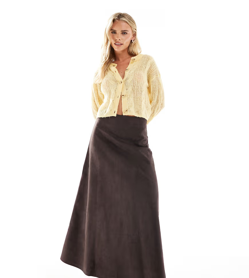 ONLY Petite faux suede maxi skirt in brown | ASOS (Global)
