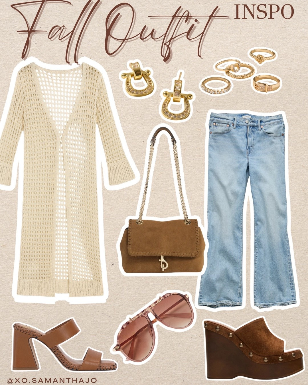 Fall outfit inspo featuring a cozy knit cardigan, light wash flare jeans, and chic neutral layers. This casual fall outfit pairs perfectly with brown block heel sandals, platform wedge shoes, and a suede handbag for an effortless autumn look. Styled with oversized sunglasses, gold hoop earrings, and gold stacking rings, this trendy fall fashion is perfect for everyday wear. Neutral fall outfit western outfits, denim outfits, essentials for 2025 fall , cozy fall fashion

#LTKItBag #LTKStyleTip