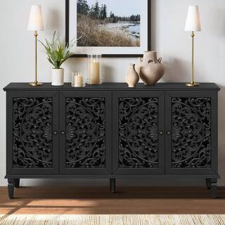 60 in. Antique Black MDF Buffet Cabinet with Floral Carvings, Solid Wood Legs & Brass Handles, Adjustable Shelves | The Home Depot