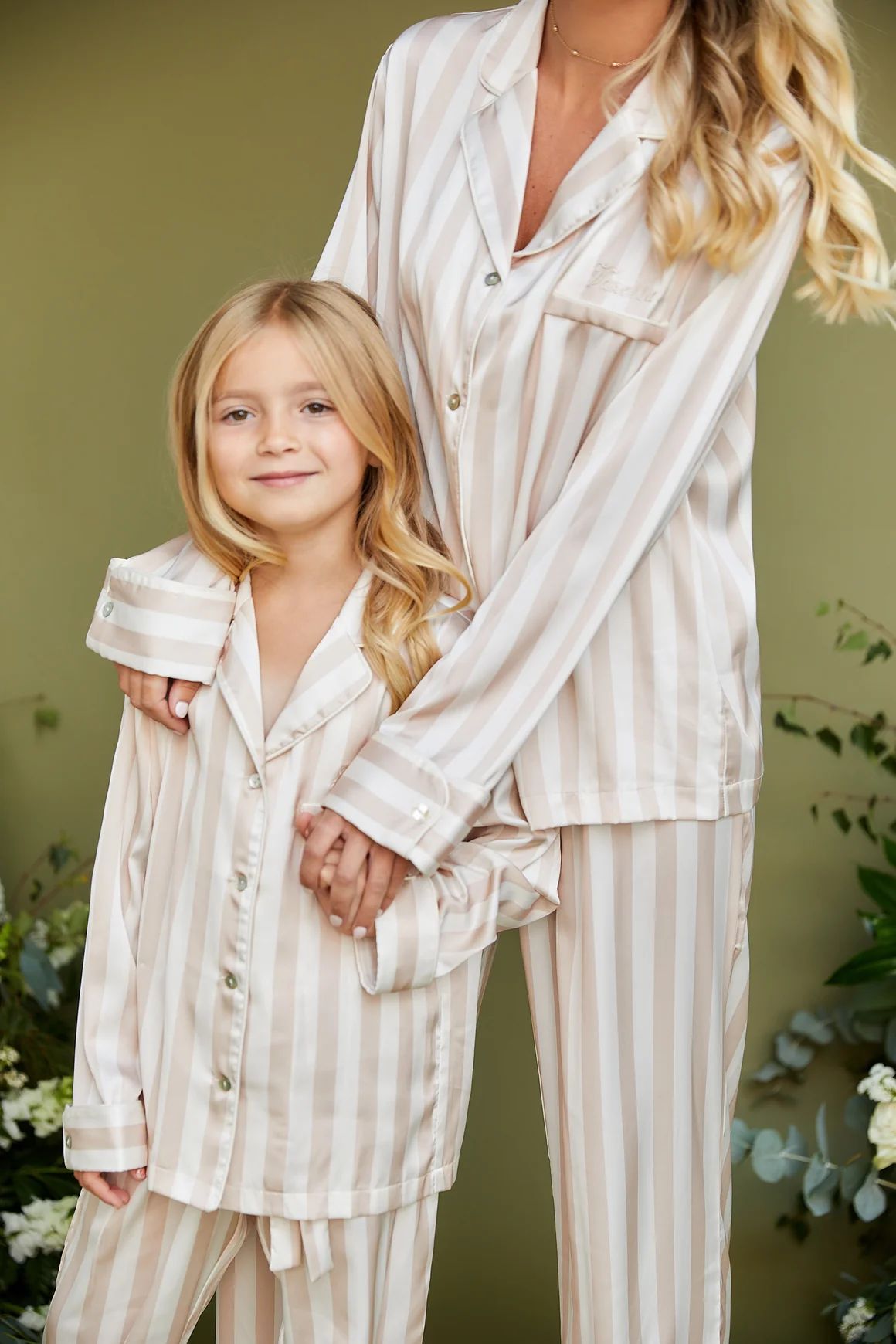 Personalised Girls Satin Stripe Long Sleeve Pyjama Set - Blush/Ivory | HA Designs