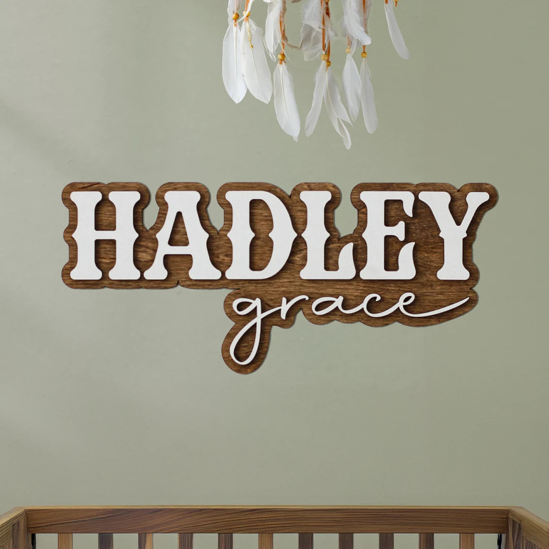 Wood Nursery Name Sign, Baby Name Sign, Boho Nursery Decor, Layered Cutout Name Sign, Large Wood ... | Etsy (US)